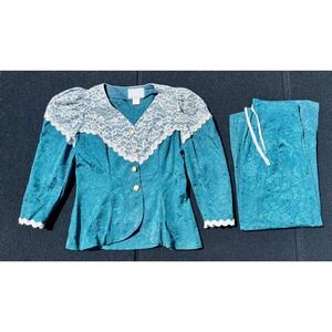 Vintage Lorale Skirt Suit Womens Large Lace Pearl Buttons Floral 2 Piece 80s Set